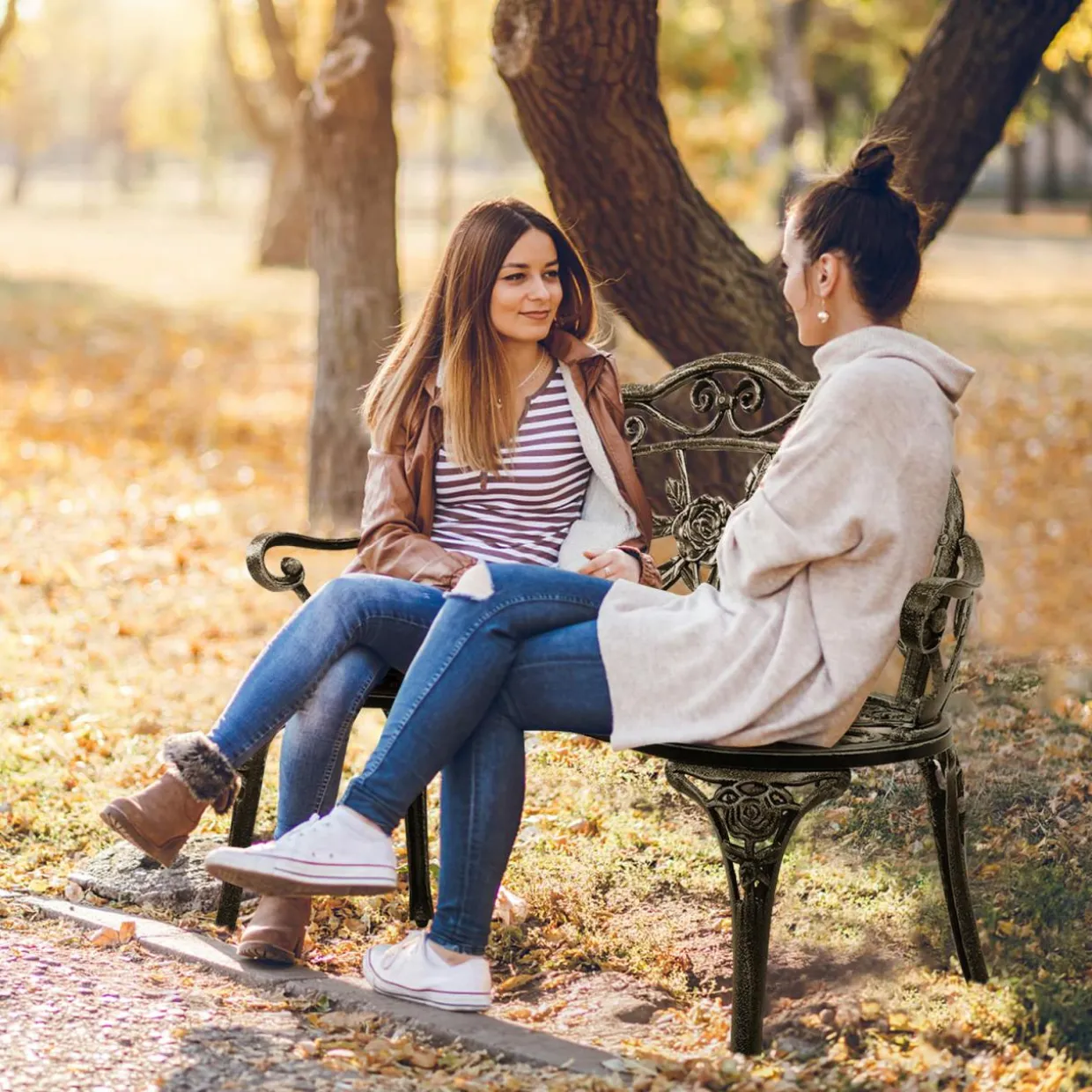 Outdoor Garden Bench Park Bench, All-Weather Patio Bench Chair with Cast Aluminum Seat & Backrest