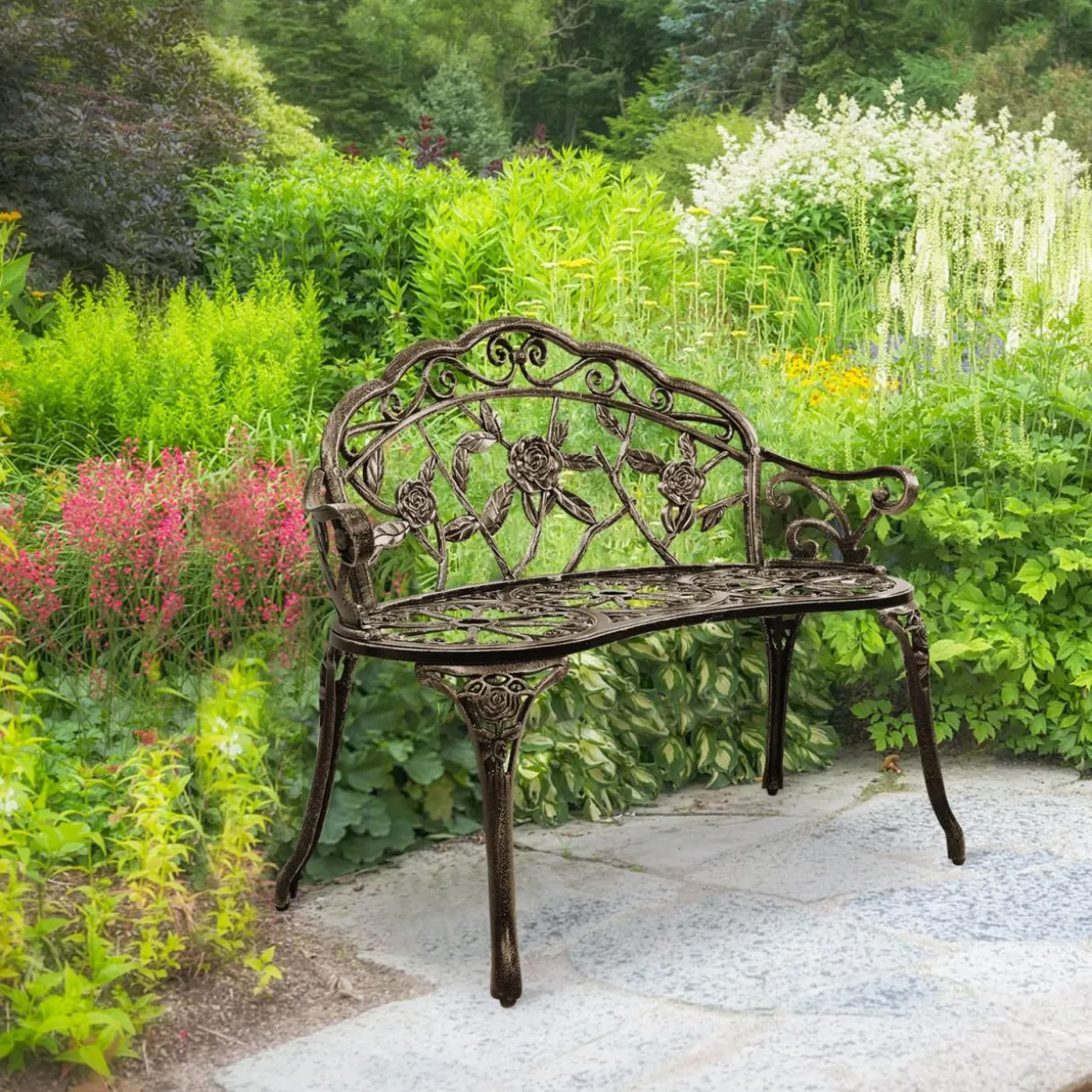 Outdoor Garden Bench Park Bench, All-Weather Patio Bench Chair with Cast Aluminum Seat & Backrest