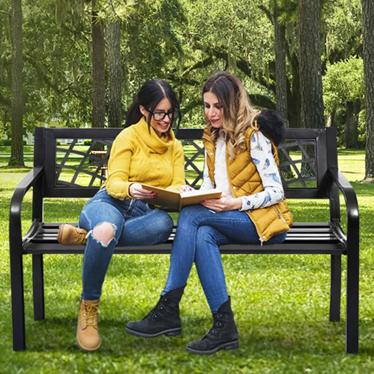 Outdoor Garden Bench Park Bench with Steel Frame & PVC Backrest, Park Bench with Large Seat for 2-3 People