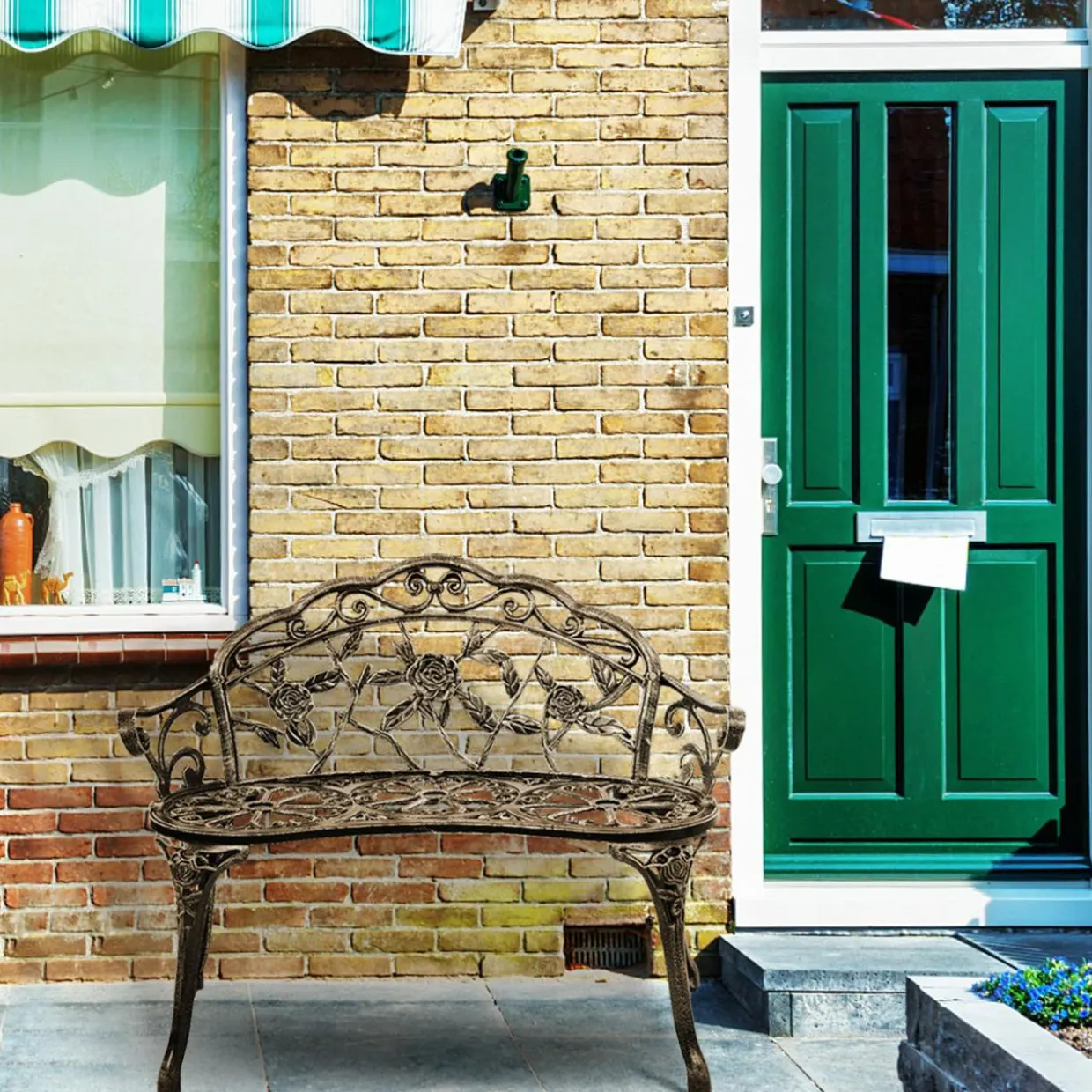 Outdoor Garden Bench Park Bench, All-Weather Patio Bench Chair with Cast Aluminum Seat & Backrest