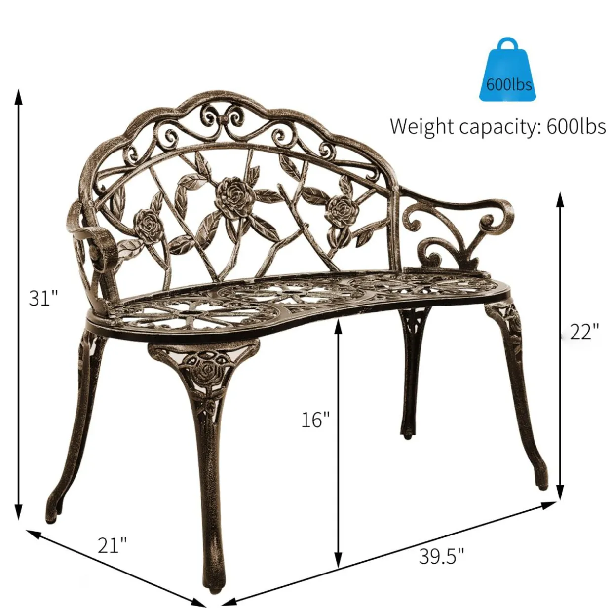 Outdoor Garden Bench Park Bench, All-Weather Patio Bench Chair with Cast Aluminum Seat & Backrest