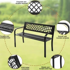 Outdoor Garden Bench Park Bench with Steel Frame & PVC Backrest, Park Bench with Large Seat for 2-3 People