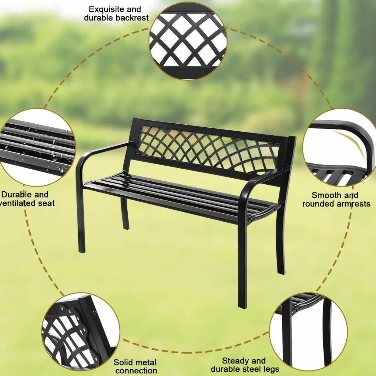 Outdoor Garden Bench Park Bench with Steel Frame & PVC Backrest, Park Bench with Large Seat for 2-3 People