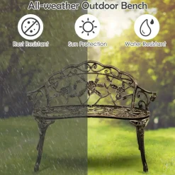 Outdoor Garden Bench Park Bench, All-Weather Patio Bench Chair with Cast Aluminum Seat & Backrest