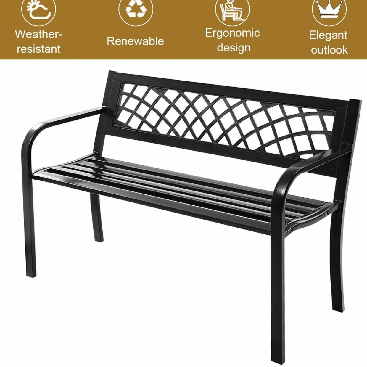 Outdoor Garden Bench Park Bench with Steel Frame & PVC Backrest, Park Bench with Large Seat for 2-3 People