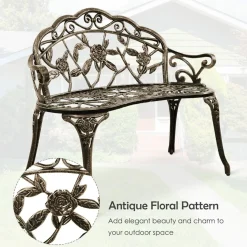 Outdoor Garden Bench Park Bench, All-Weather Patio Bench Chair with Cast Aluminum Seat & Backrest