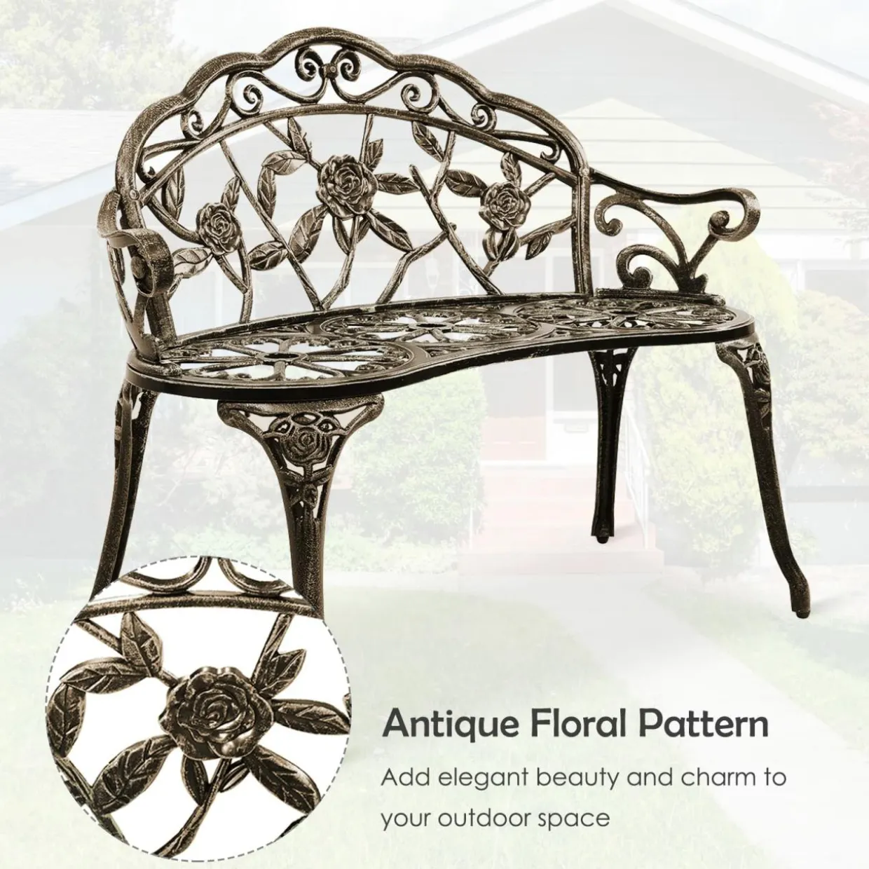 Outdoor Garden Bench Park Bench, All-Weather Patio Bench Chair with Cast Aluminum Seat & Backrest