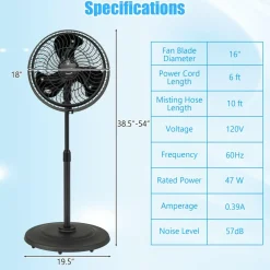 Outdoor Misting Fan, 16-Inch Oscillating Pedestal Fan with Adjustable Height