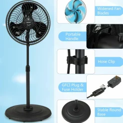 Outdoor Misting Fan, 16-Inch Oscillating Pedestal Fan with Adjustable Height