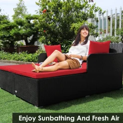Outdoor Rattan Daybed, Sunbed Wicker Furniture w/Spacious Seat