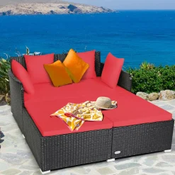 Outdoor Rattan Daybed, Sunbed Wicker Furniture w/Spacious Seat