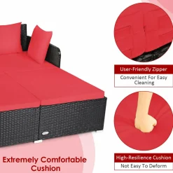 Outdoor Rattan Daybed, Sunbed Wicker Furniture w/Spacious Seat