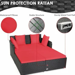 Outdoor Rattan Daybed, Sunbed Wicker Furniture w/Spacious Seat