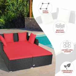 Outdoor Rattan Daybed, Sunbed Wicker Furniture w/Spacious Seat