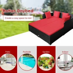 Outdoor Rattan Daybed, Sunbed Wicker Furniture w/Spacious Seat