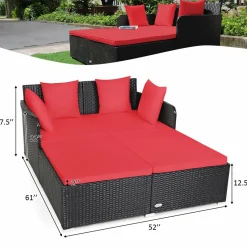 Outdoor Rattan Daybed, Sunbed Wicker Furniture w/Spacious Seat