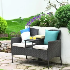 Outdoor Rattan Loveseat, Patio Conversation Set with Cushions & Table