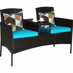 Outdoor Rattan Loveseat, Patio Conversation Set with Cushions & Table