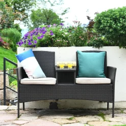 Outdoor Rattan Loveseat, Patio Conversation Set with Cushions & Table