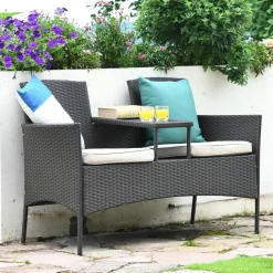 Outdoor Rattan Loveseat, Patio Conversation Set with Cushions & Table