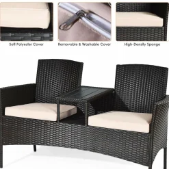Outdoor Rattan Loveseat, Patio Conversation Set with Cushions & Table