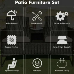 Outdoor Rattan Loveseat, Patio Conversation Set with Cushions & Table