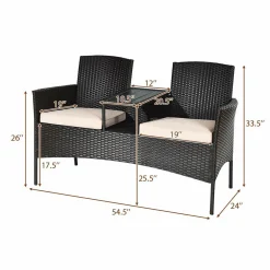 Outdoor Rattan Loveseat, Patio Conversation Set with Cushions & Table