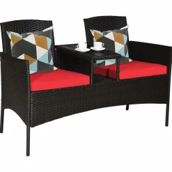 Outdoor Rattan Loveseat, Patio Conversation Set with Cushions & Table