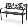 Outdoor Steel Garden Bench Park Bench, 50 Inch Patio Welcome Bench with Slated Seat & Floral Design Backrest