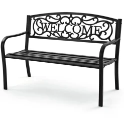 Outdoor Steel Garden Bench Park Bench, 50 Inch Patio Welcome Bench with Slated Seat & Floral Design Backrest