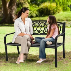 Outdoor Steel Garden Bench Park Bench, 50 Inch Patio Welcome Bench with Slated Seat & Floral Design Backrest
