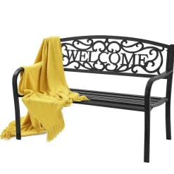Outdoor Steel Garden Bench Park Bench, 50 Inch Patio Welcome Bench with Slated Seat & Floral Design Backrest