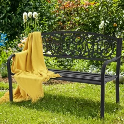 Outdoor Steel Garden Bench Park Bench, 50 Inch Patio Welcome Bench with Slated Seat & Floral Design Backrest