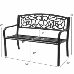 Outdoor Steel Garden Bench Park Bench, 50 Inch Patio Welcome Bench with Slated Seat & Floral Design Backrest