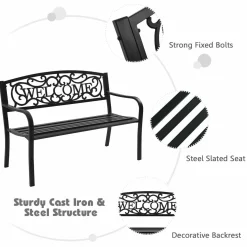 Outdoor Steel Garden Bench Park Bench, 50 Inch Patio Welcome Bench with Slated Seat & Floral Design Backrest