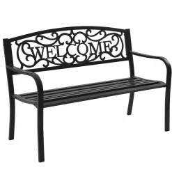 Outdoor Steel Garden Bench Park Bench, 50 Inch Patio Welcome Bench with Slated Seat & Floral Design Backrest