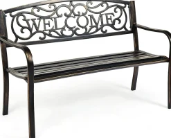 Outdoor Steel Garden Bench Park Bench, 50 Inch Patio Welcome Bench with Slated Seat & Floral Design Backrest