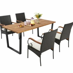 Outdoor Wicker Chair & Dining Table Set, Acacia Wood Tabletop & Armrests, 2” Umbrella Hole