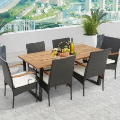 Outdoor Wicker Chair & Dining Table Set, Acacia Wood Tabletop & Armrests, 2” Umbrella Hole