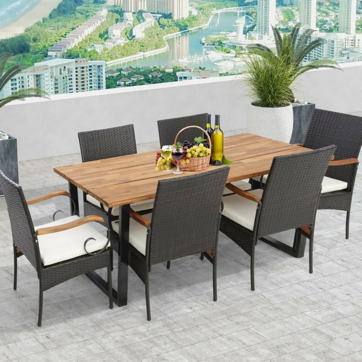 Outdoor Wicker Chair & Dining Table Set, Acacia Wood Tabletop & Armrests, 2” Umbrella Hole