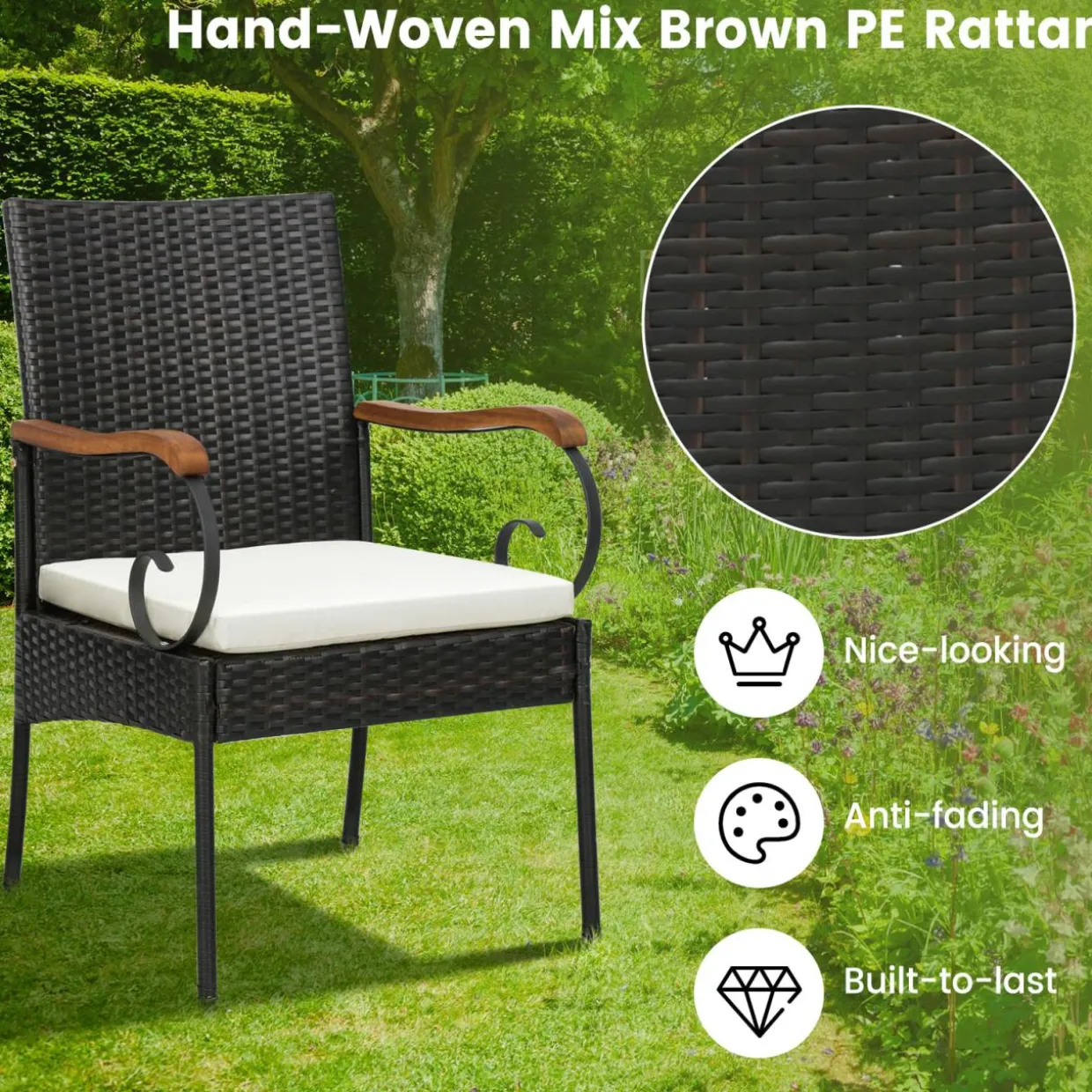 Outdoor Wicker Chair & Dining Table Set, Acacia Wood Tabletop & Armrests, 2” Umbrella Hole