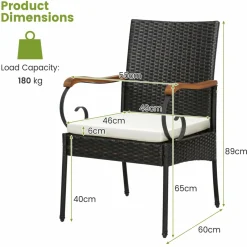 Outdoor Wicker Chair & Dining Table Set, Acacia Wood Tabletop & Armrests, 2” Umbrella Hole