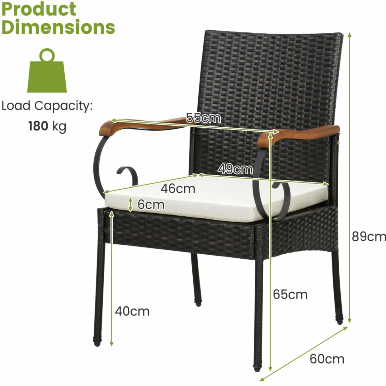 Outdoor Wicker Chair & Dining Table Set, Acacia Wood Tabletop & Armrests, 2” Umbrella Hole