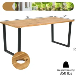 Outdoor Wicker Chair & Dining Table Set, Acacia Wood Tabletop & Armrests, 2” Umbrella Hole