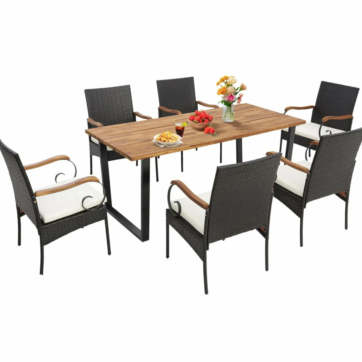 Outdoor Wicker Chair & Dining Table Set, Acacia Wood Tabletop & Armrests, 2” Umbrella Hole