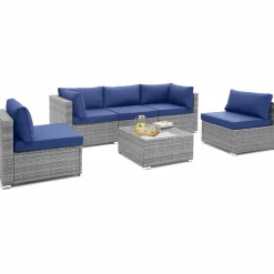 Outdoor Wicker Furniture Set with Tempered Glass Coffee Table, Comfy Seat & Back Cushions