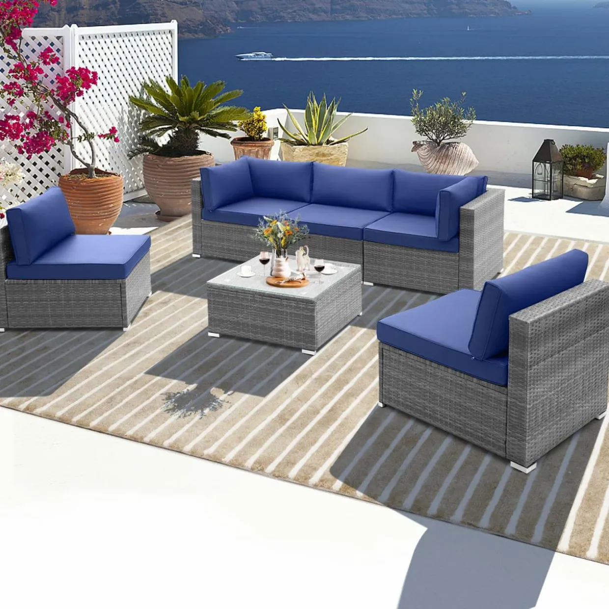Outdoor Wicker Furniture Set with Tempered Glass Coffee Table, Comfy Seat & Back Cushions