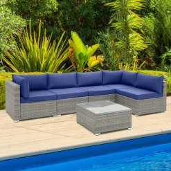 Outdoor Wicker Furniture Set with Tempered Glass Coffee Table, Comfy Seat & Back Cushions