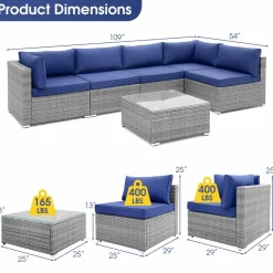 Outdoor Wicker Furniture Set with Tempered Glass Coffee Table, Comfy Seat & Back Cushions