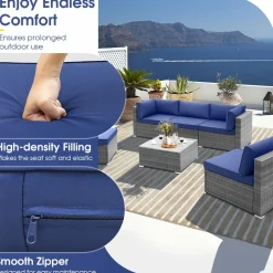 Outdoor Wicker Furniture Set with Tempered Glass Coffee Table, Comfy Seat & Back Cushions